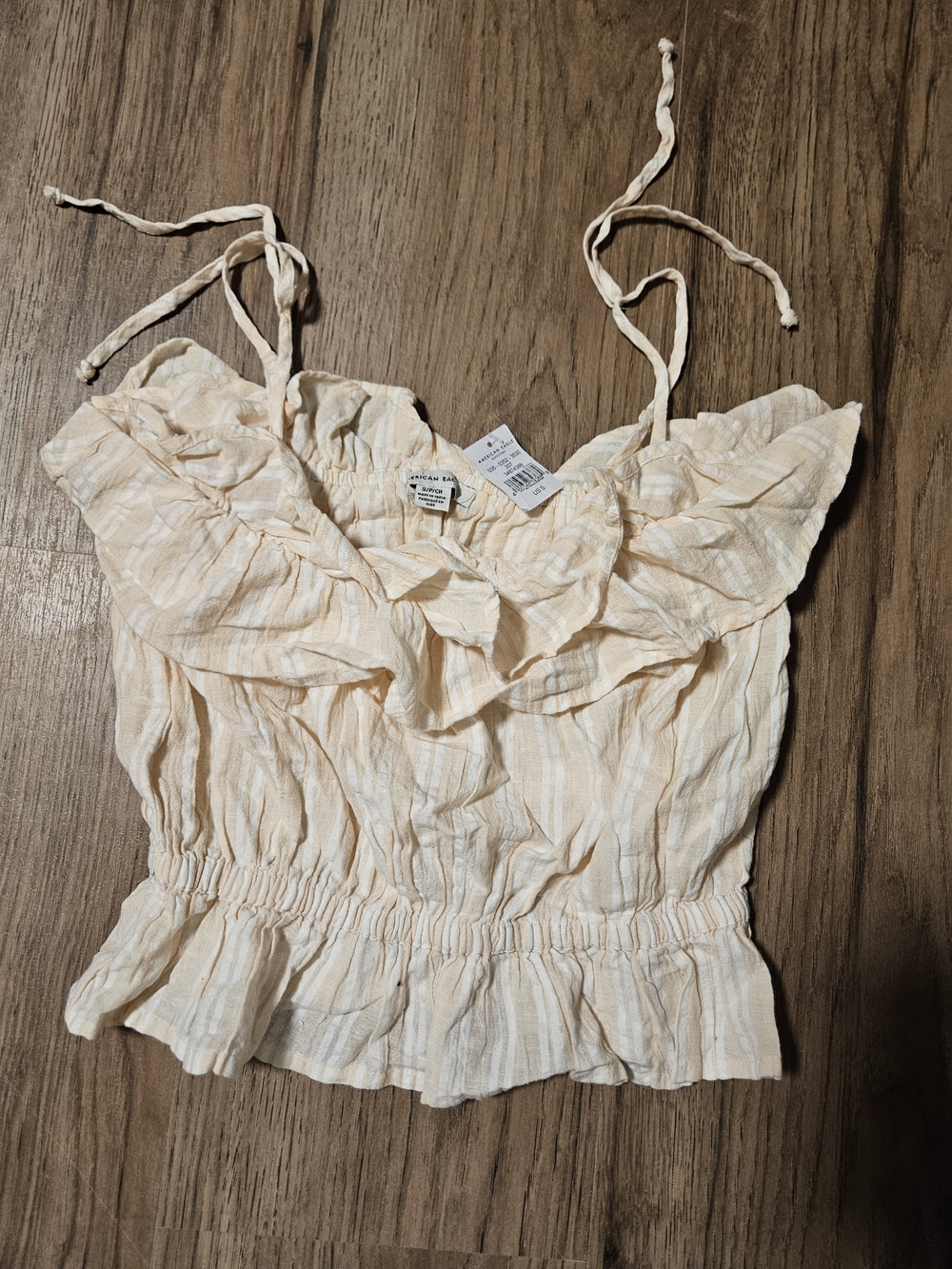 American Eagle Cream and Light Peach Striped Ruffle Tie-Shoulder Crop Top